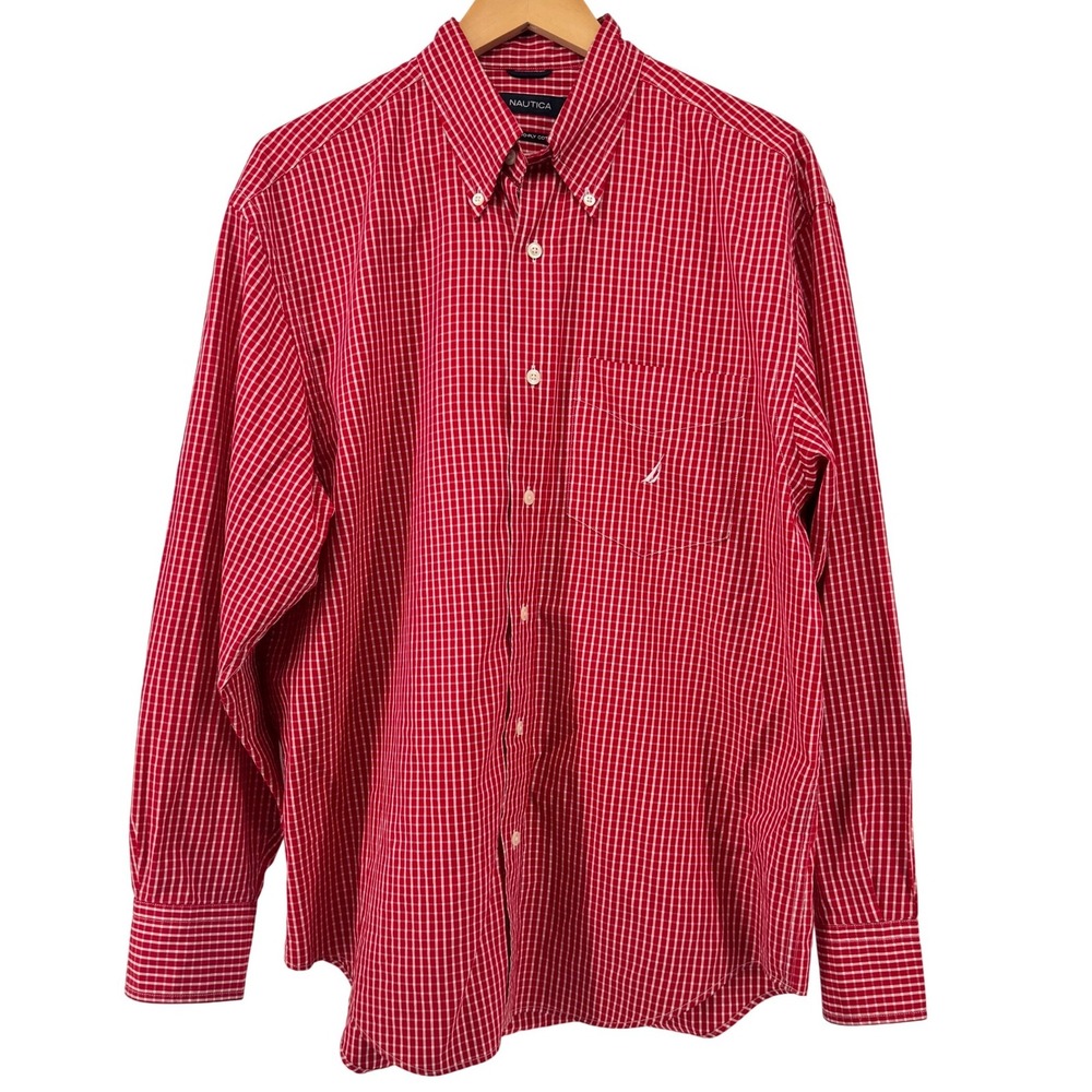 Nautica Mens Medium Red Gingham Check 80s Two-Ply Cotton Button Down Shirt